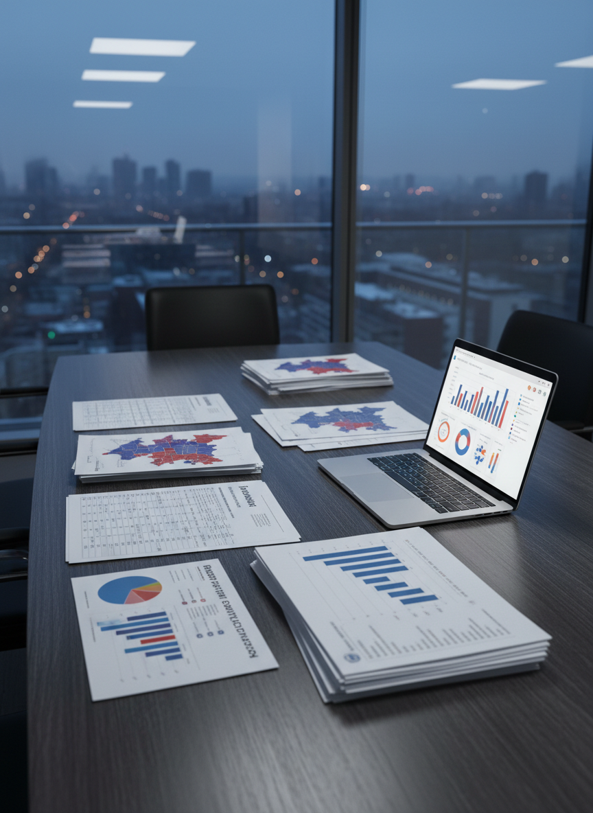 A conference-style table made of dark, brushed wood with a fine grain, neatly arranged with printed political data reports: precinct-level turnout tables, color-coded district maps, and clean infographics highlighting swing regions. Beside the stacks of documents lies a slim, silver laptop open to a sophisticated data visualization dashboard, its screen gently glowing. The setting is a glass-walled meeting room overlooking a blurred city skyline at dusk. Soft, cool-toned overhead lighting combines with faint twilight seeping through the windows, creating balanced, low-contrast illumination and subtle reflections on the table surface. Captured in photographic realism from a slightly elevated three-quarter angle, the composition follows the rule of thirds, emphasizing organization, trustworthiness, and strategic clarity without any human presence.