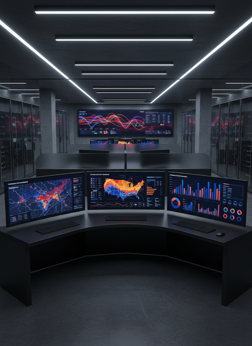 An ultra-modern control room centered on a curved, matte-black workstation covered in large, frameless monitors showing layered political data dashboards: interactive choropleth maps, turnout heatmaps, precinct-level bar charts, and shifting timelines of historical election trends. The screens display crisp, saturated colors against dark interfaces, emphasizing legibility and sophistication. The room features subtle architectural lines, frosted glass partitions, and neatly organized hardware. Cool white, indirect LED strips wash the space with an even, professional glow, with faint reflections on the polished concrete floor. Photographic realism, shot from a slightly elevated wide angle, creates depth and order, with the main workstation in the foreground and additional data walls softly receding into the background, evoking command, control, and analytical power.