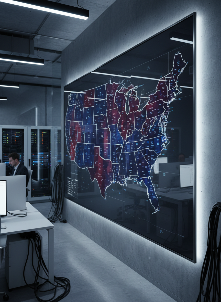 A sleek, wall-sized digital map of the United States filled with glowing, high-contrast electoral districts, each region rendered in nuanced blues, reds, and purples to suggest complex political data rather than simple binaries. The map is displayed on an ultra-thin, matte-finish screen mounted in a modern glass-and-steel office, with blurred servers, network cables, and minimalist desks in the background. Cool, diffused overhead LED lighting creates subtle reflections along the screen’s edges and soft shadows on the wall. Captured in photographic realism from a slightly off-center, eye-level angle, the composition uses a shallow depth of field to keep the map razor-sharp while the environment gently blurs, conveying precision, professionalism, and data-driven clarity.